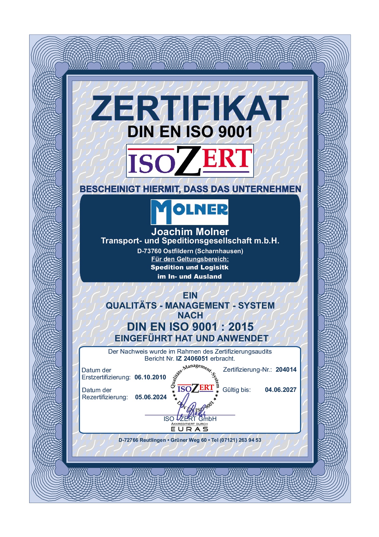 Zertifikat DIN EN ISO 9001, Spedition Molner